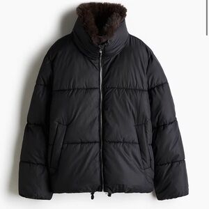 H&M Black Puffer Jacket with Brown Faux Fur Collar